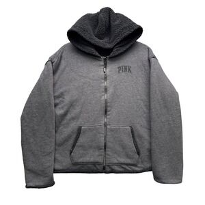 PINK Victoria's Secret Hoodie Women's Size M Gray Sherpa Zip Sweatshirt
